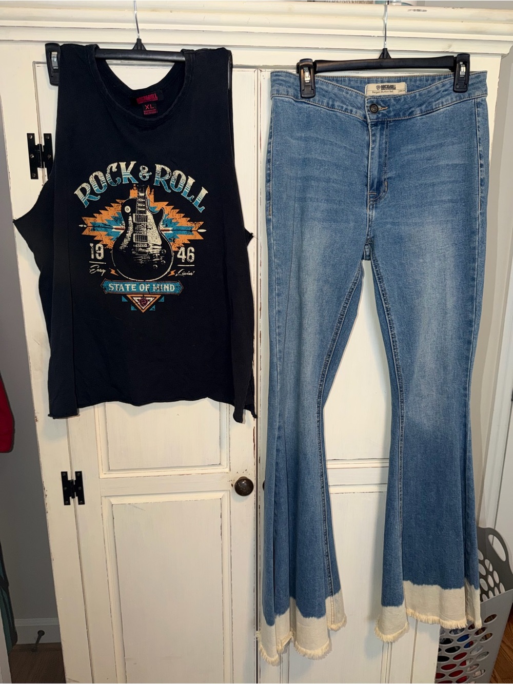 Black 'Rock & Roll' Graphic Muscle Tee with Guitar and 2 tone flare jeans